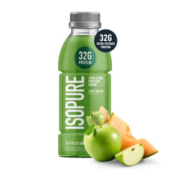 Close-up of Isopure Apple Melon bottle label showing 32g protein.