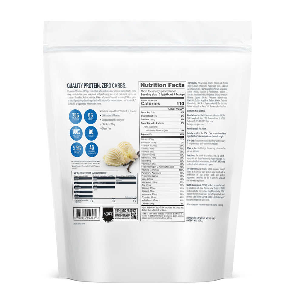 Isopure Zero Carb whey isolate scoop highlights 25g protein per serving.