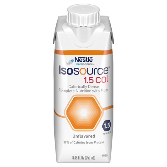 Isosource 1.5 Cal bottle close-up highlights calorie-dense nutrition.