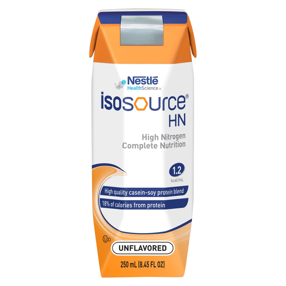 Isosource Hn bottle pour showing high-energy nutrition for tube feeding.