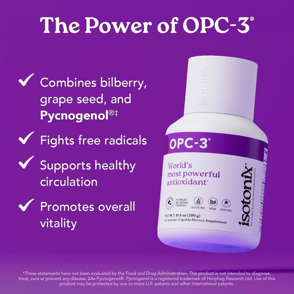 Isotonix OPC-3 ingredient illustration highlighting Pycnogenol and grape seed extract.
