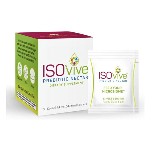 ISOThrive ISOVive bottle front view, fermented prebiotic nectar for daily gut balance