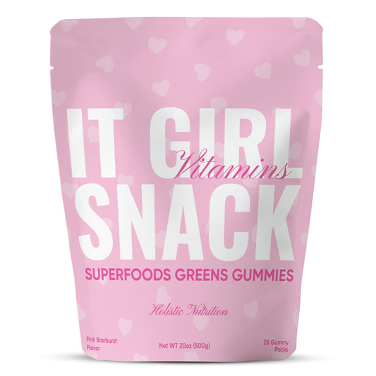 It Girl Vitamins Organic Super Greens Gummies bottle showing colorful gummies for daily wellness.