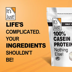 It's Just! casein label close-up shows 3 lb bag and 6.9 g BCAAs