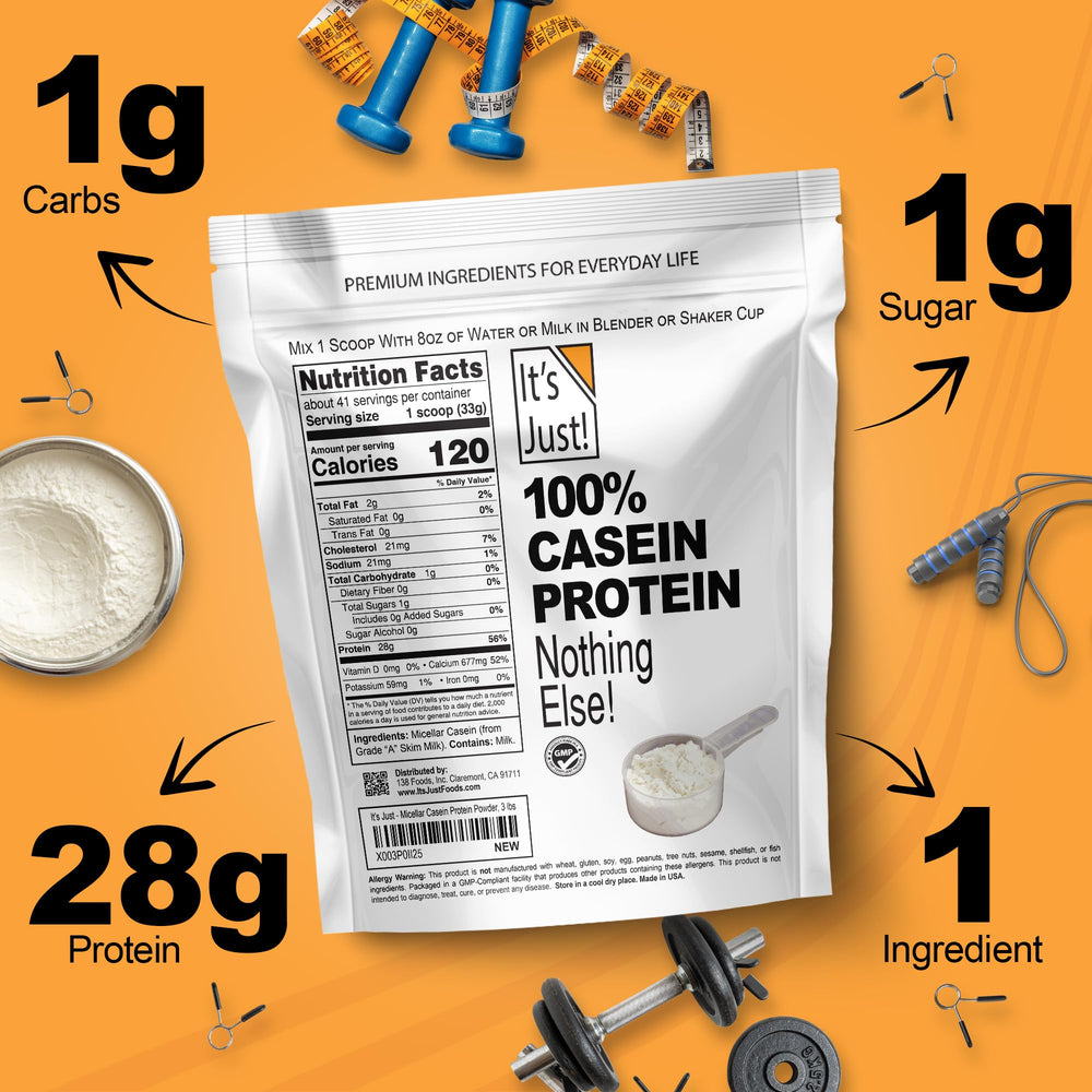 It's Just! micellar casein powder scoop beside glass conveys protein supply