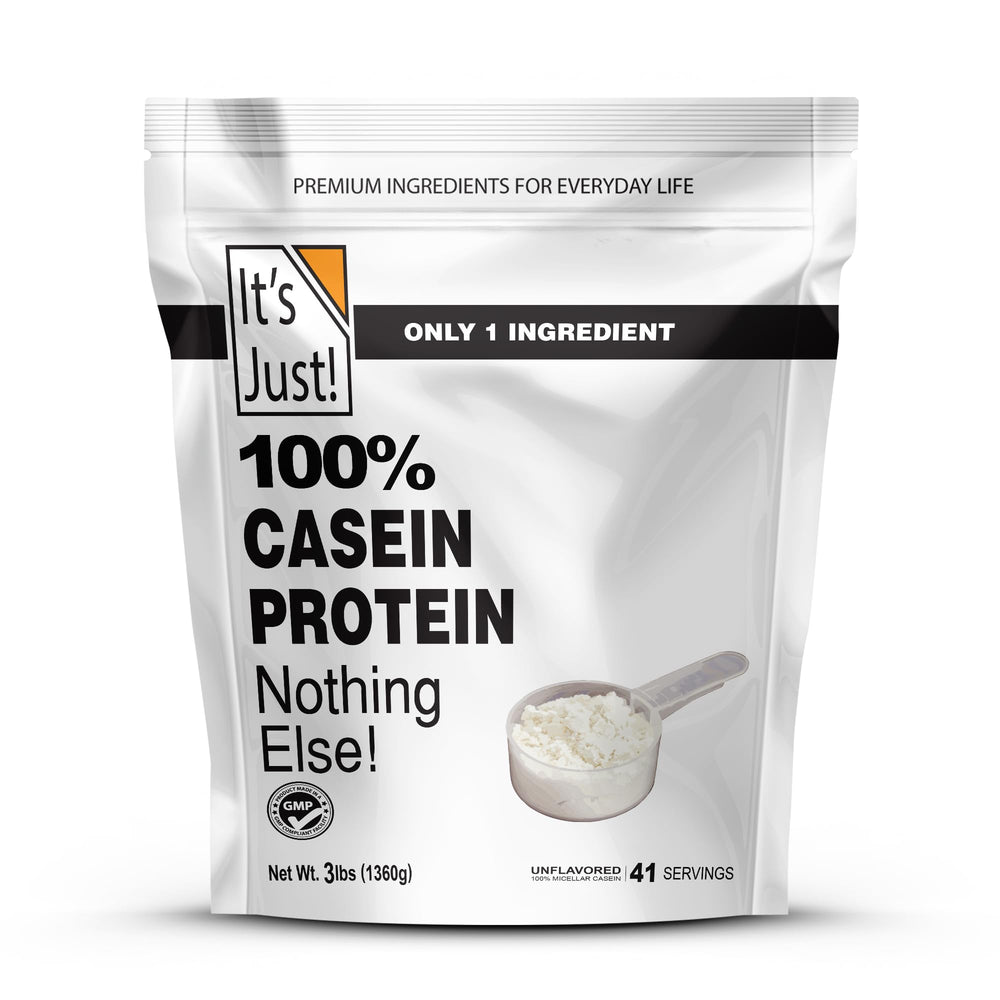 It's Just! casein unflavored bag on kitchen counter highlighting pure protein for recipes