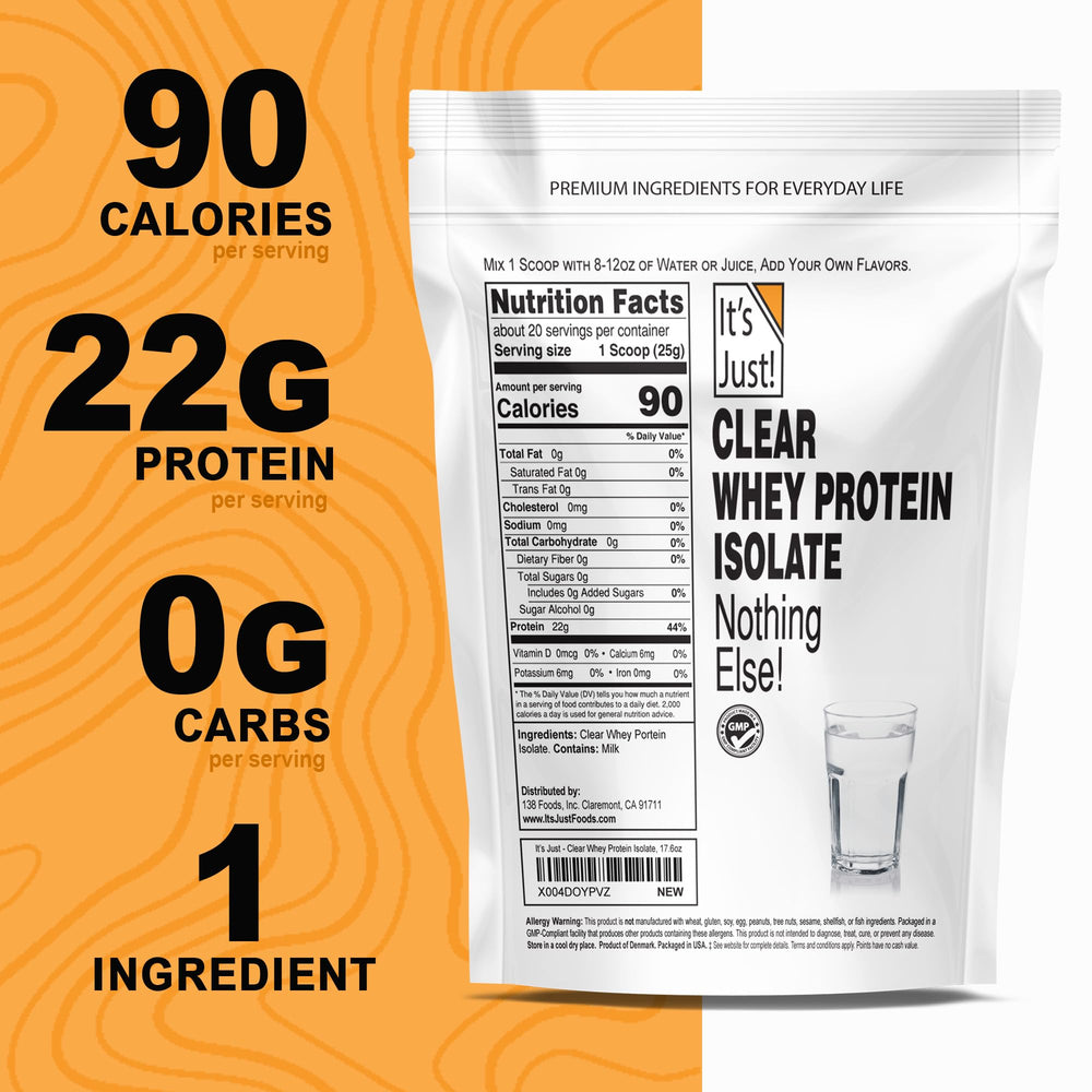 It's Just! Clear Whey Isolate bottle-front showing gluten-free, non-GMO formula.