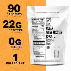 It's Just! Clear Whey Isolate bottle-front showing gluten-free, non-GMO formula.