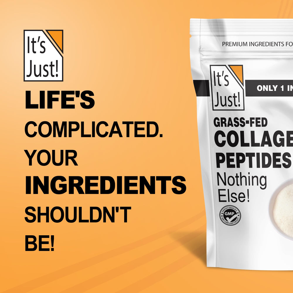 It's Just! collagen peptides packaging shows GMP and third-party testing for quality.