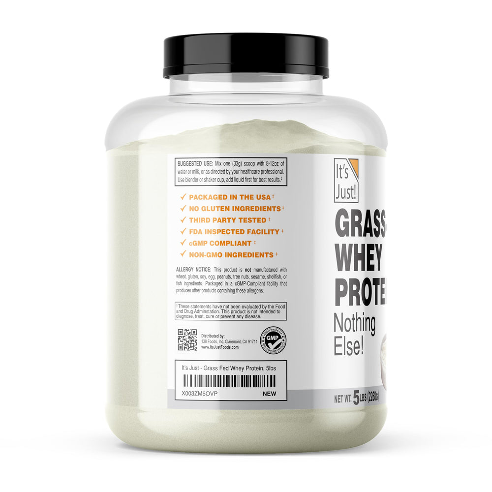 It's Just! whey protein bottle pour showing quick-mix convenience for your shakes.