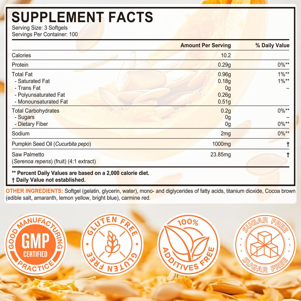 ITSDAWN Pumpkin Seed Oil Capsules label close-up showing non-GMO and allergen-free status.