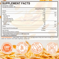 ITSDAWN Pumpkin Seed Oil Capsules label close-up showing non-GMO and allergen-free status.
