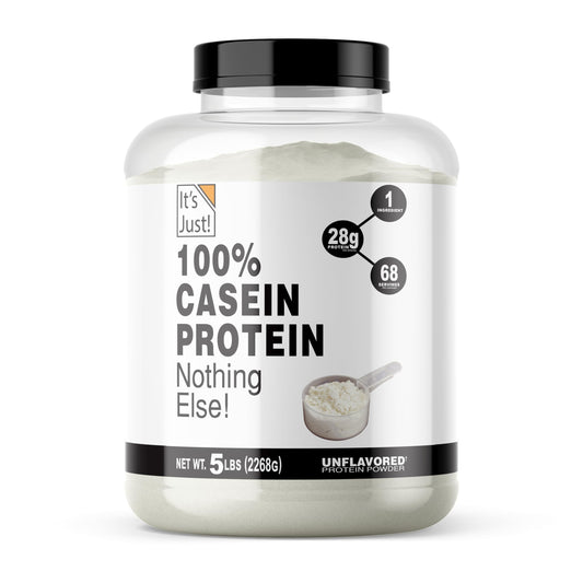Its Just! unflavored casein powder bag emphasizing steady overnight protein support.