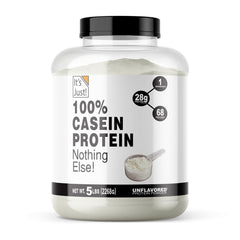 Its Just! unflavored casein powder bag emphasizing steady overnight protein support.