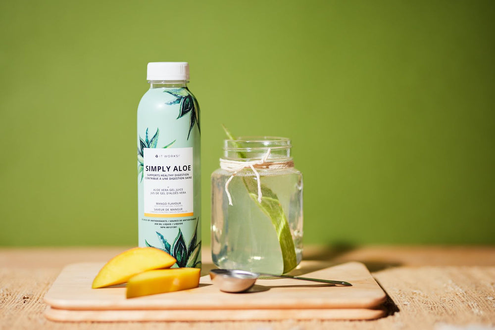 It Works! Simply Aloe Mango ingredients graphic showcases organic aloe and essential nutrients.