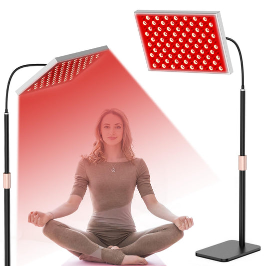 i-Venoya red light therapy panel on stand showing adjustable setup for home use.