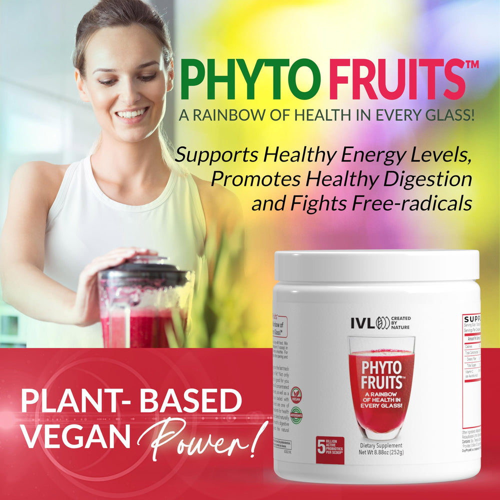 Glass of smoothie with IVL Phyto Fruits ready to enjoy.