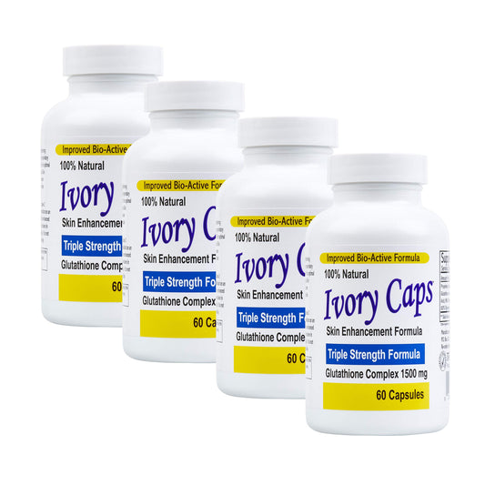 Ivory Caps glutathione bottle highlighting maximum potency for daily skin support.