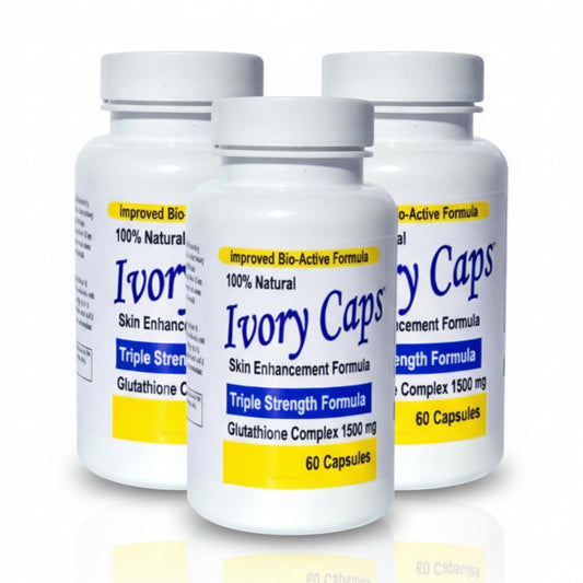 Ivory Caps Glutathione Complex 1500mg bottle front for a refreshed, even-toned look.