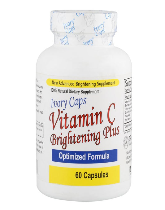 Ivory Caps bottle featuring Maximum Strength Vitamin C Brightening Plus for radiant skin support