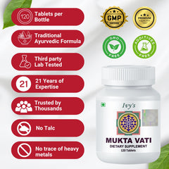 Ivy's Mukta Vati ingredients and herbs arranged to showcase natural blend