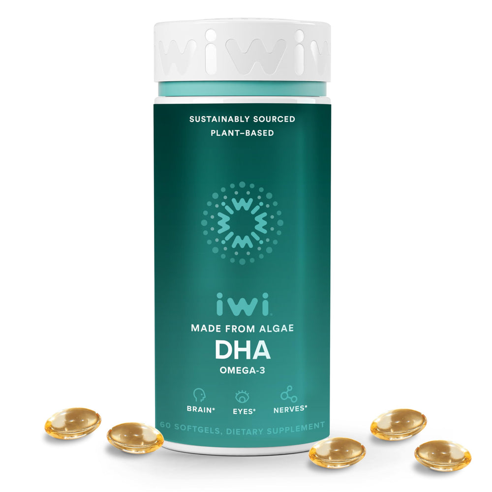 Iwi DHA Omega-3 softgels bottle for daily brain and eye support.