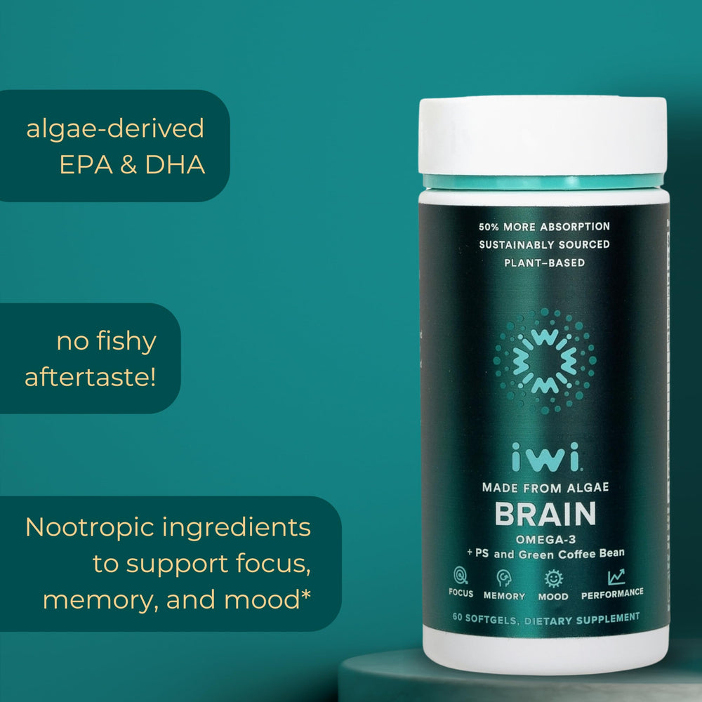 Iwi Life Brain Omega-3 algae cultivation image underlines sustainable sourcing.