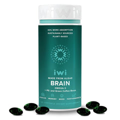 Iwi Life Brain Omega-3 bottle shows vegan algae formula for focus support.