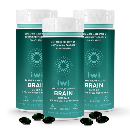 Iwi Brain Omega-3 bottle with softgels for daily focus and mental clarity.