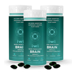 Iwi Brain Omega-3 bottle with softgels for daily focus and mental clarity.