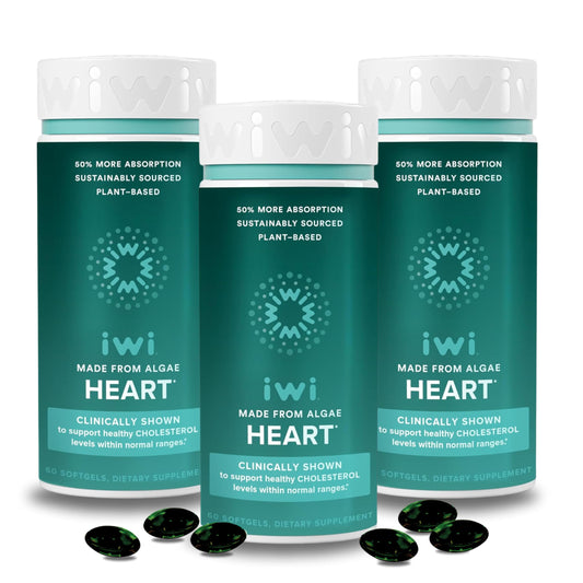 Iwi Life Heart Omega-3 bottle shows vegan algae EPA for heart support