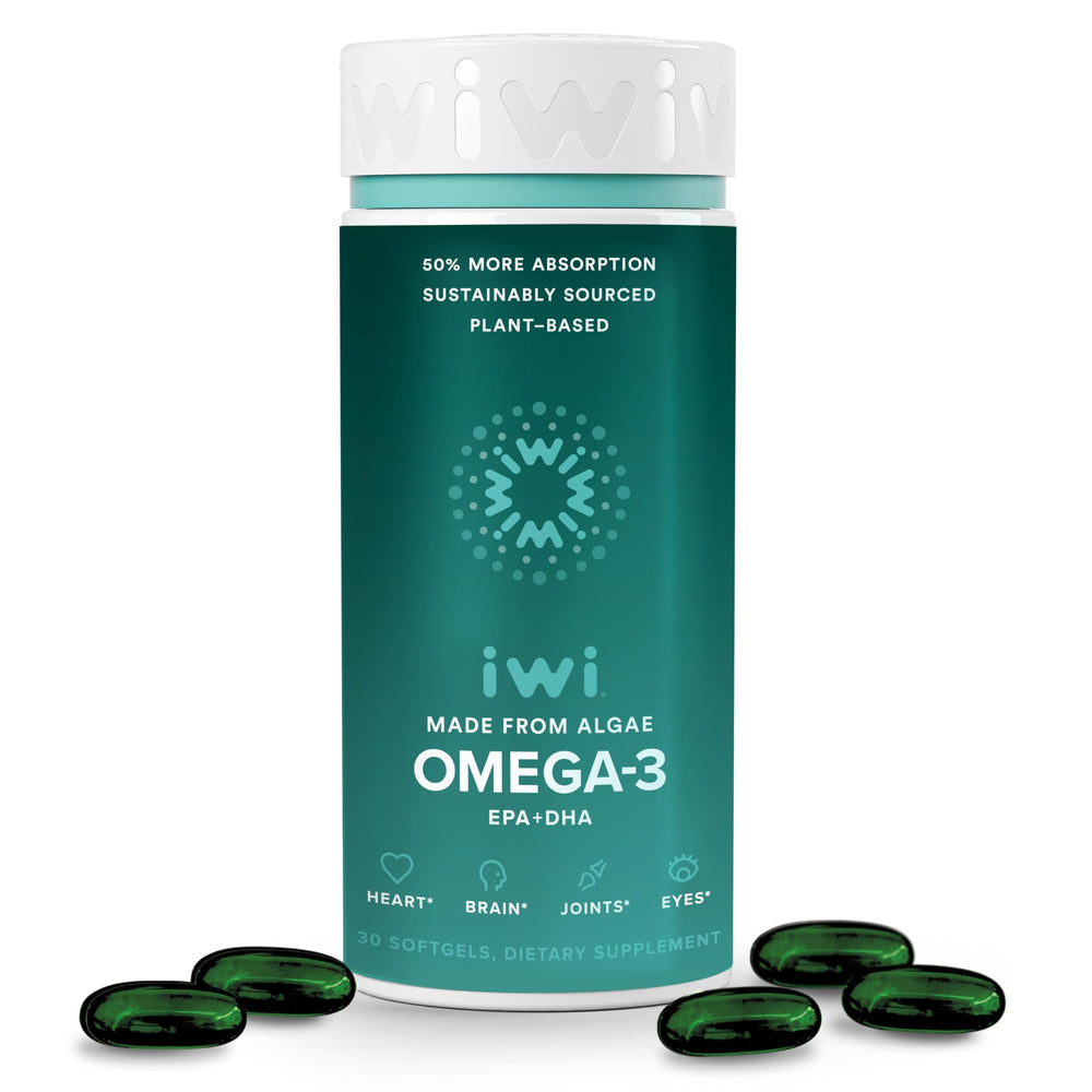 Iwi Omega-3 bottle front highlights vegan algae-based EPA and DHA