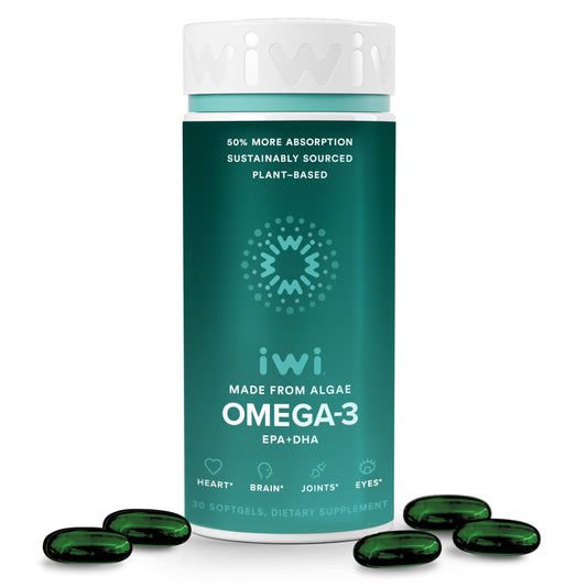 Iwi Omega-3 bottle front highlights vegan algae-based EPA and DHA