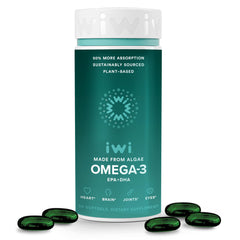 Iwi Omega-3 bottle front highlights vegan algae-based EPA and DHA