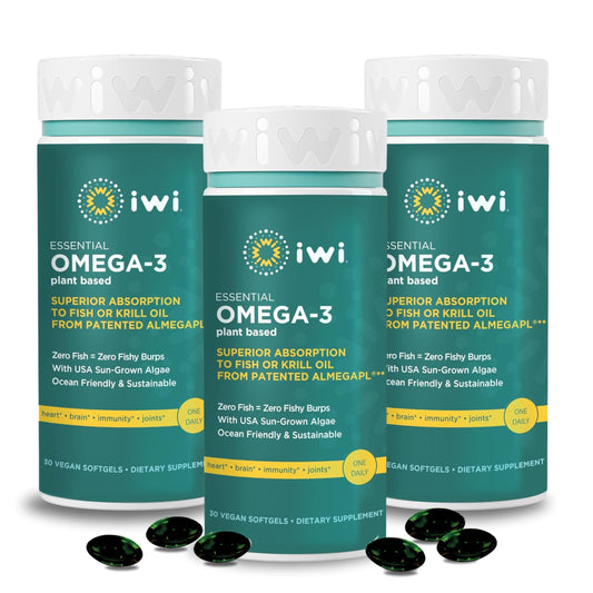 Iwi Omega-3 Essential bottle front highlighting vegan algae-based omega-3 support