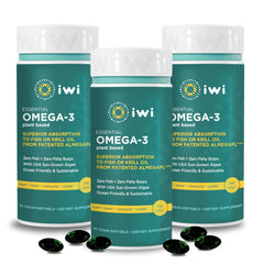 Iwi Omega-3 Essential bottle front highlighting vegan algae-based omega-3 support