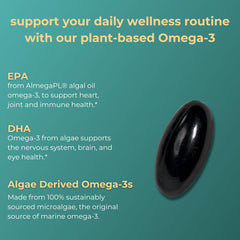 Close-up of Iwi Omega-3 Essential softgels with no fishy aftertaste benefit
