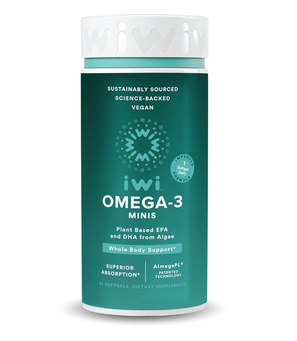 Iwi Omega-3 Mini Softgels bottle front showing plant-based EPA+DHA for daily support.