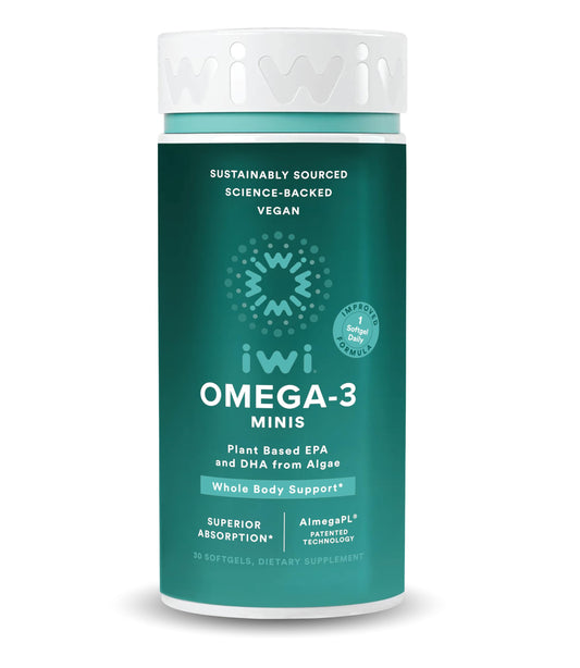 Iwi Omega-3 Mini Softgels bottle front showing plant-based EPA+DHA for daily support.
