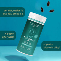 Close-up of Iwi Omega-3 Mini Softgels capsules, easy to swallow.