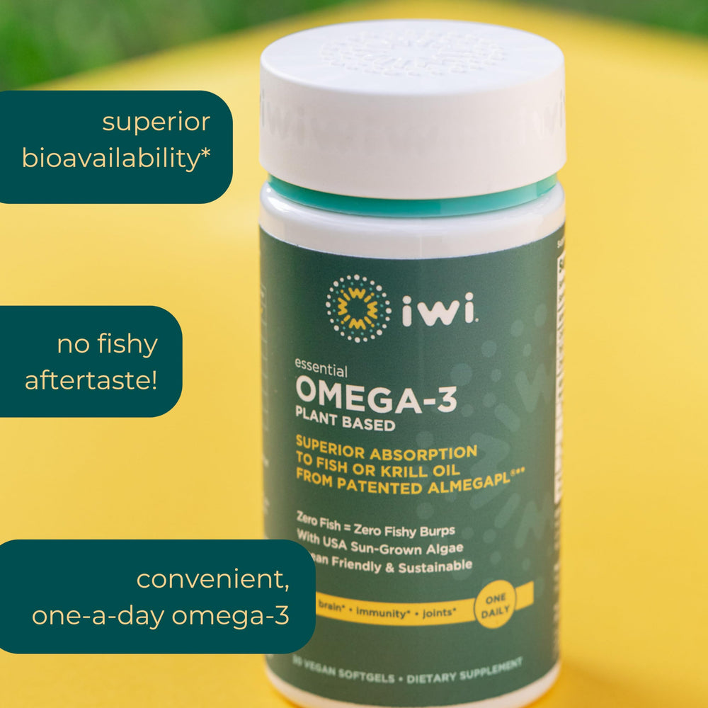Iwi Omega-3 Essential bottle pour shows no fishy aftertaste during daily intake
