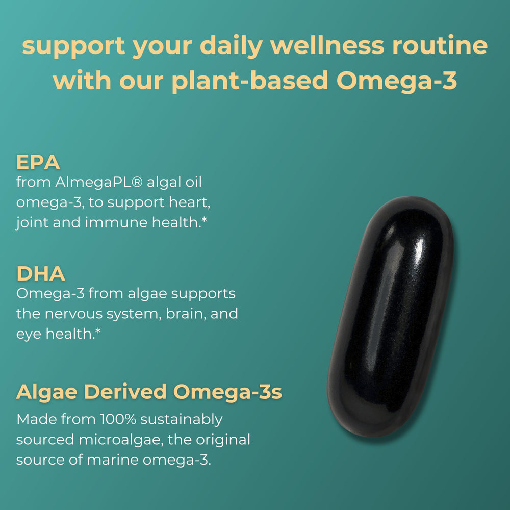 Iwi Omega-3 softgels capsules close-up; vegan capsules with algae omega-3