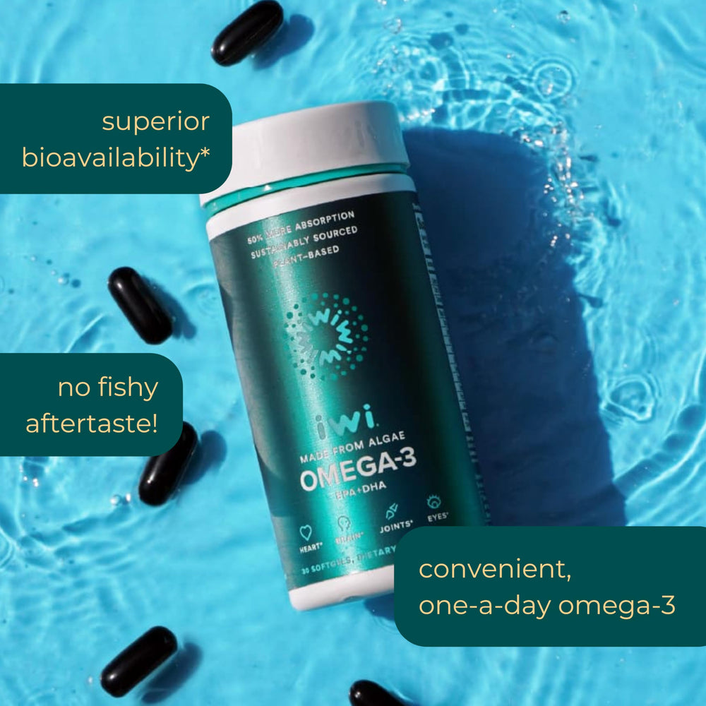 Iwi Omega-3 softgels ingredients algae-sourcing image; sustainability and purity