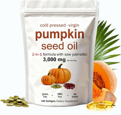 J-PRQ pumpkin seed oil softgels bottle showing high-strength 3000 mg per dose for potential hair and urinary support
