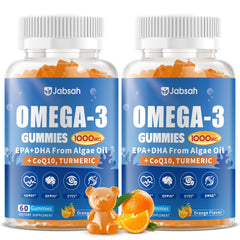 Jabsah vegan omega-3 gummies bottle showing algae-based DHA and EPA for daily wellness