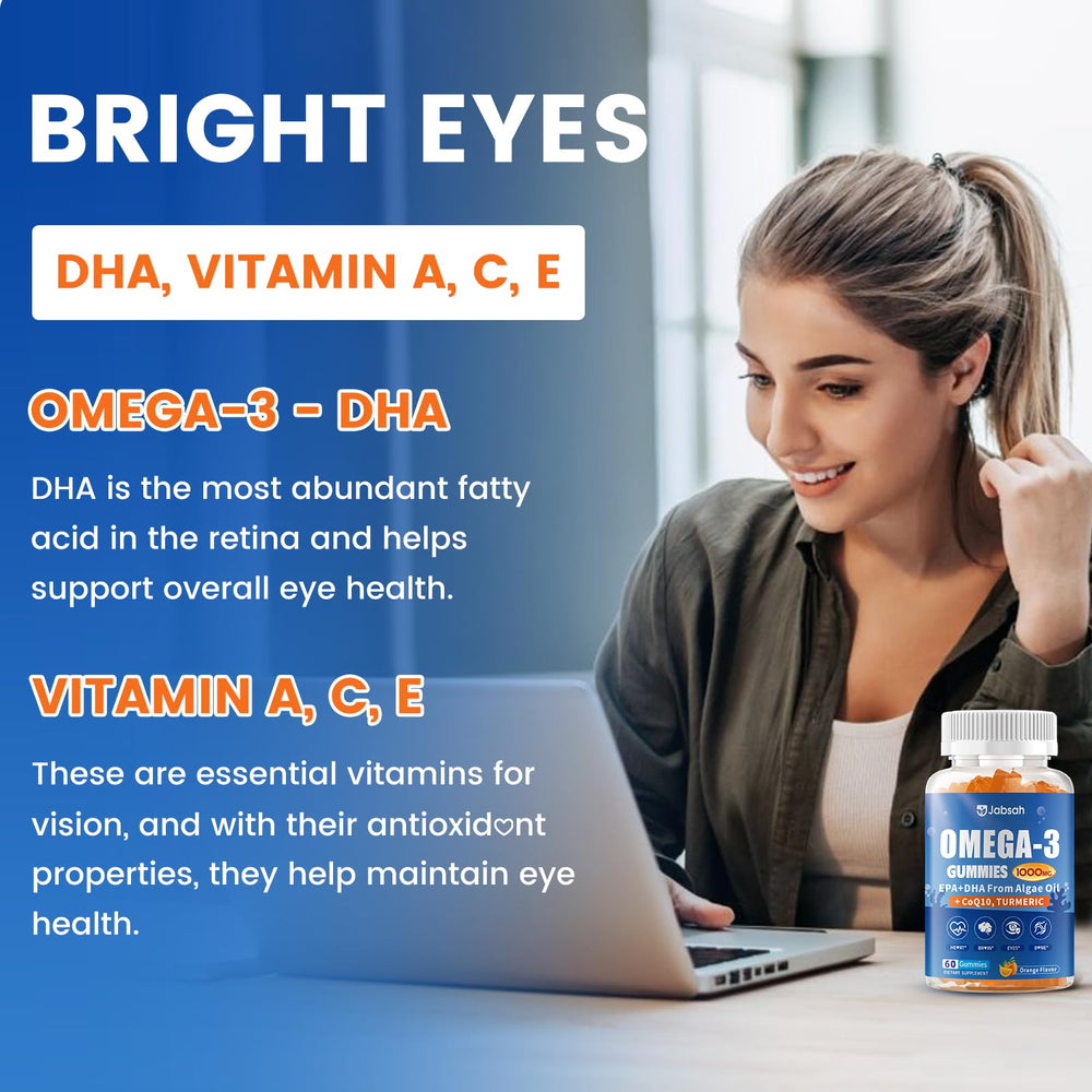 Jabsah omega-3 gummies ingredients panel emphasizing DHA and EPA ratios