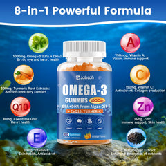 Jabsah orange-flavor gummies on a counter, suggesting sugar-free taste without fishy aftertaste