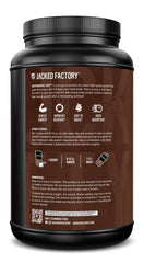 Dark chocolate flavored whey powder suggesting tasty, low-fat protein option