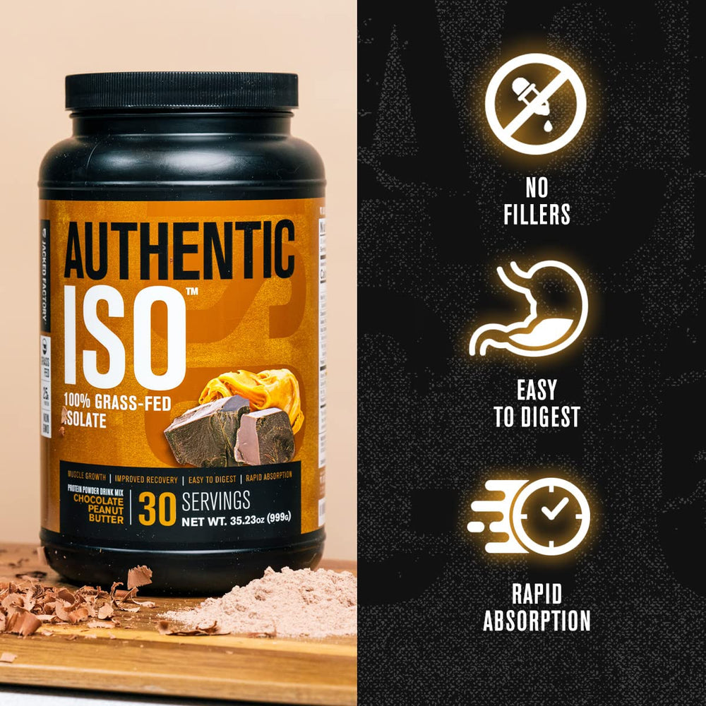Jacked Factory Authentic ISO whey powder scoop supports quick post-workout recovery.