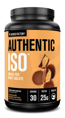 Jacked Factory Authentic ISO whey chocolate peanut butter tub ready for post-workout refuel.